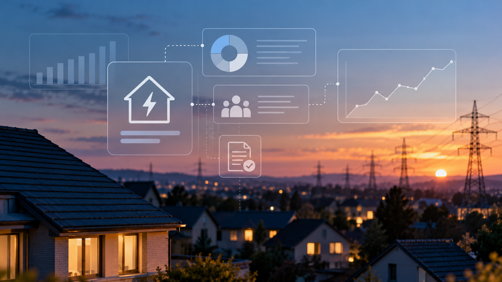 UK homes and electricity infrastructure at dusk, illustrating energy affordability, household debt and the challenges facing energy suppliers.