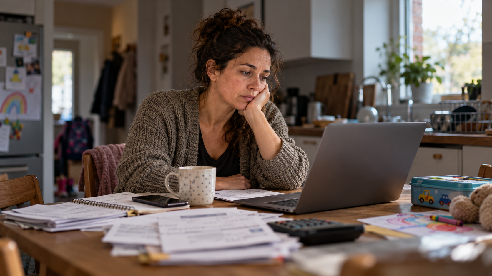 Woman reviewing household bills and financial information at her kitchen table, illustrating financial vulnerability and the need for flexible, accessible affordability assessments.