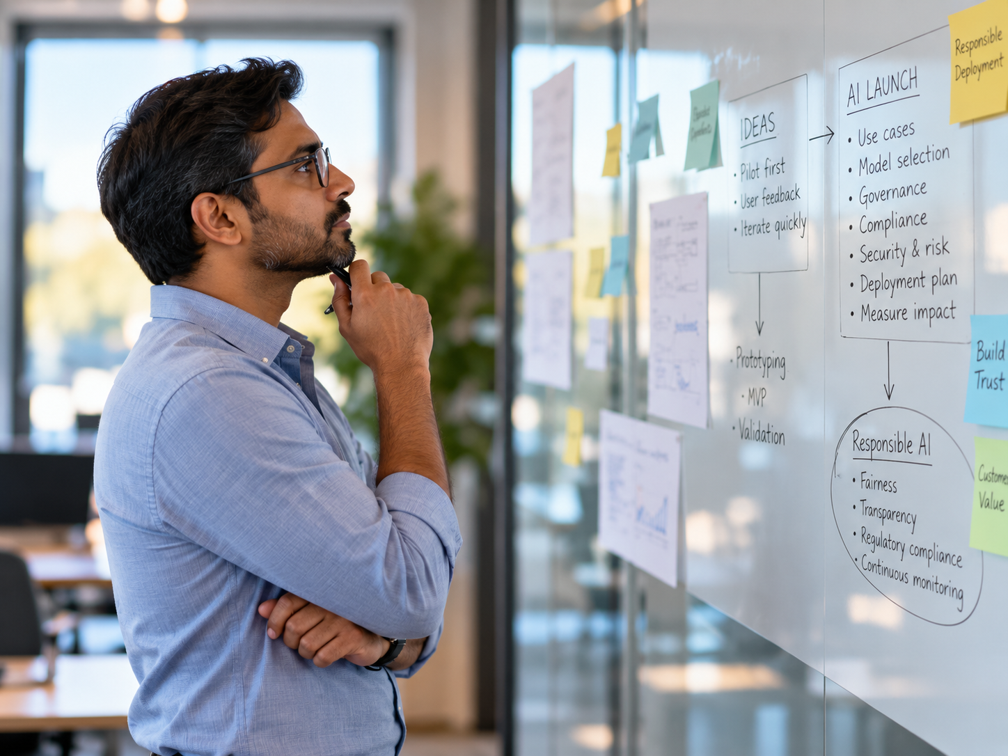 technology professional reviewing an AI deployment plan on a glass board, considering governance, compliance and responsible implementation.