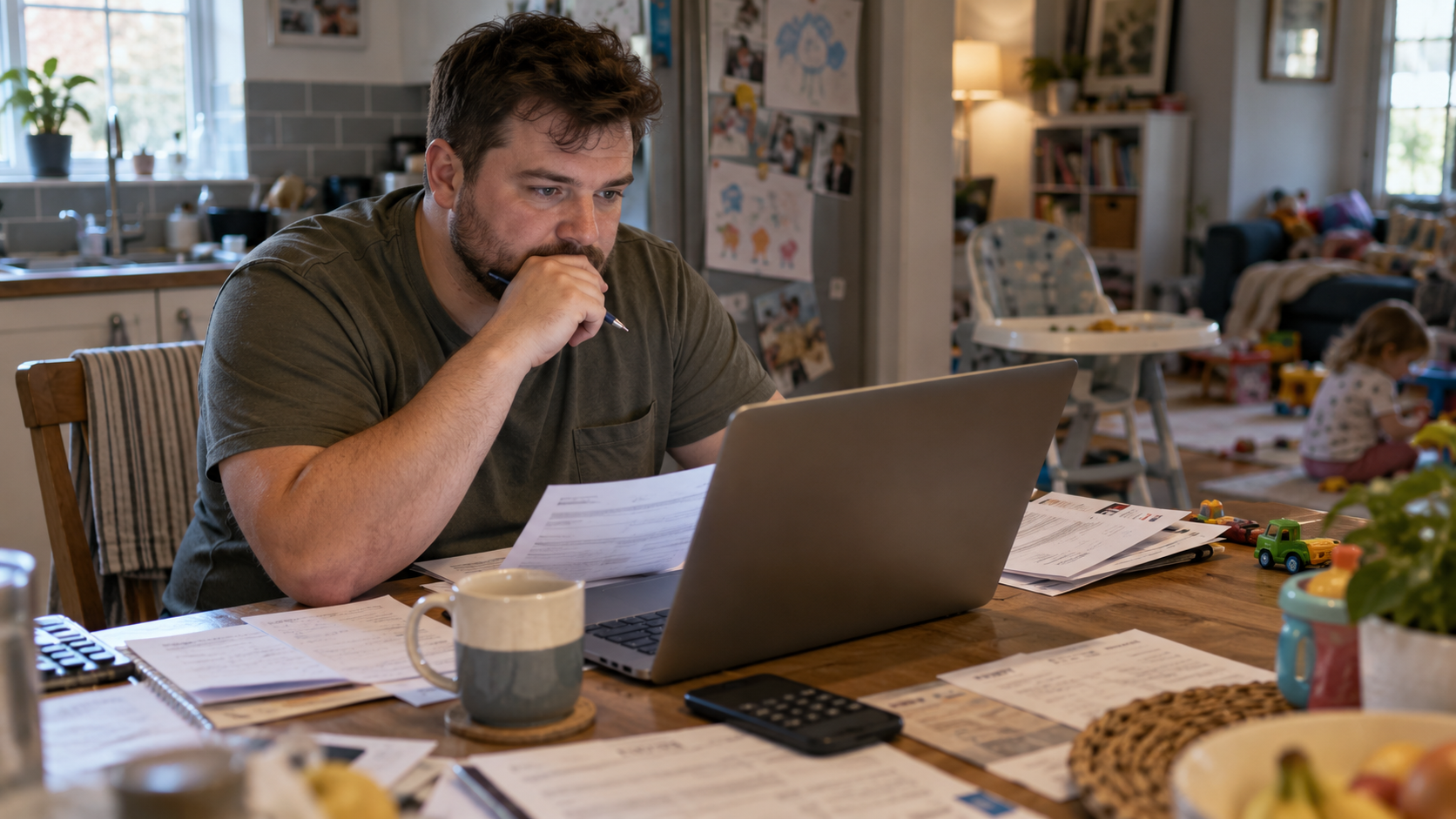 Father reviewing household bills and completing an online income and expenditure assessment at his kitchen table, with children's toys and family life in the background.