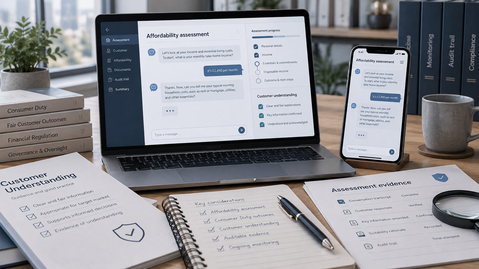 AI-powered affordability assessment displayed on digital devices, illustrating FCA Consumer Duty, customer understanding, regulatory compliance and auditable financial assessments.