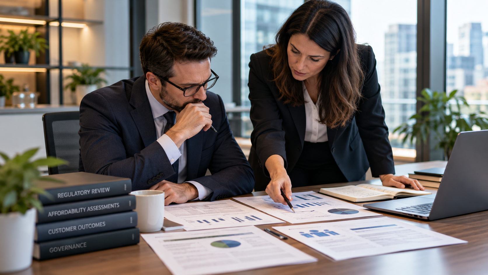 Two financial services professionals reviewing reports and affordability data in a modern office, illustrating regulatory lessons, governance and customer outcomes.